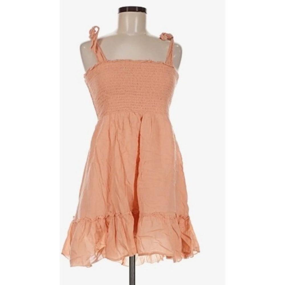 Aerie Smocked Mini Dress Peach Apricot Tie Shoulder Ruffle Hem Womens Medium - Picture 1 of 9